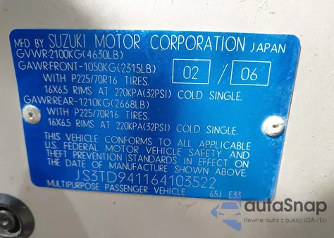 2006 Suzuki Grand Vitara z USA, uszkodzony, nr VIN JS3TD941164103522